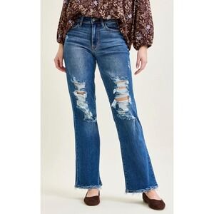 Judy Blue Dad Jean Mid Rise Straight Distressed Denim Blue Stretch Size 7 28 NWT